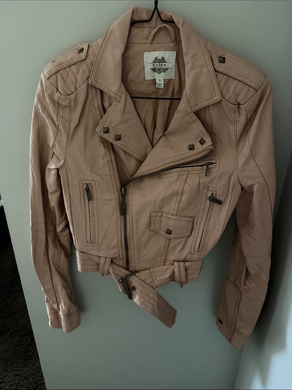 Esley Soft Pink Faux-Leather Biker Jacket